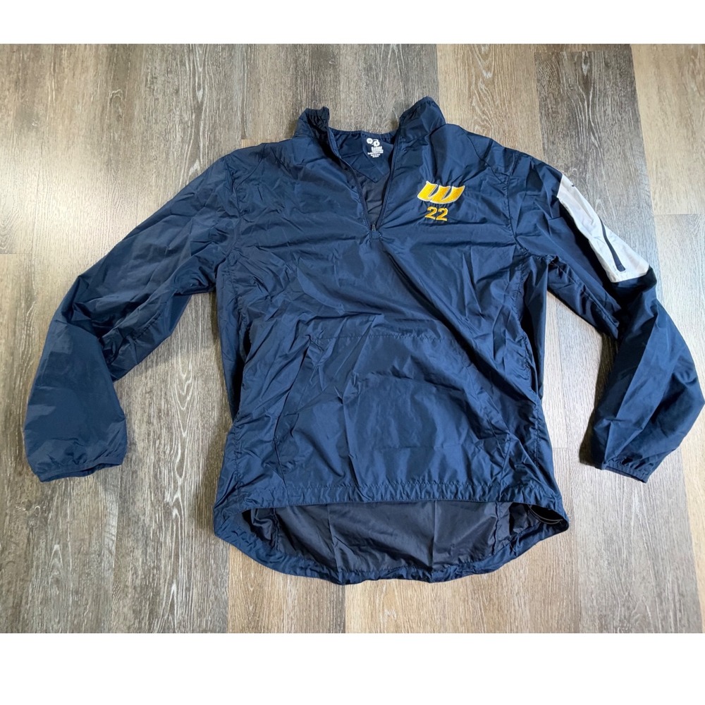 Badger Sport Windbreaker Pullover Mens Size M Navy Blue 1/4 Zip W 22 Graphic